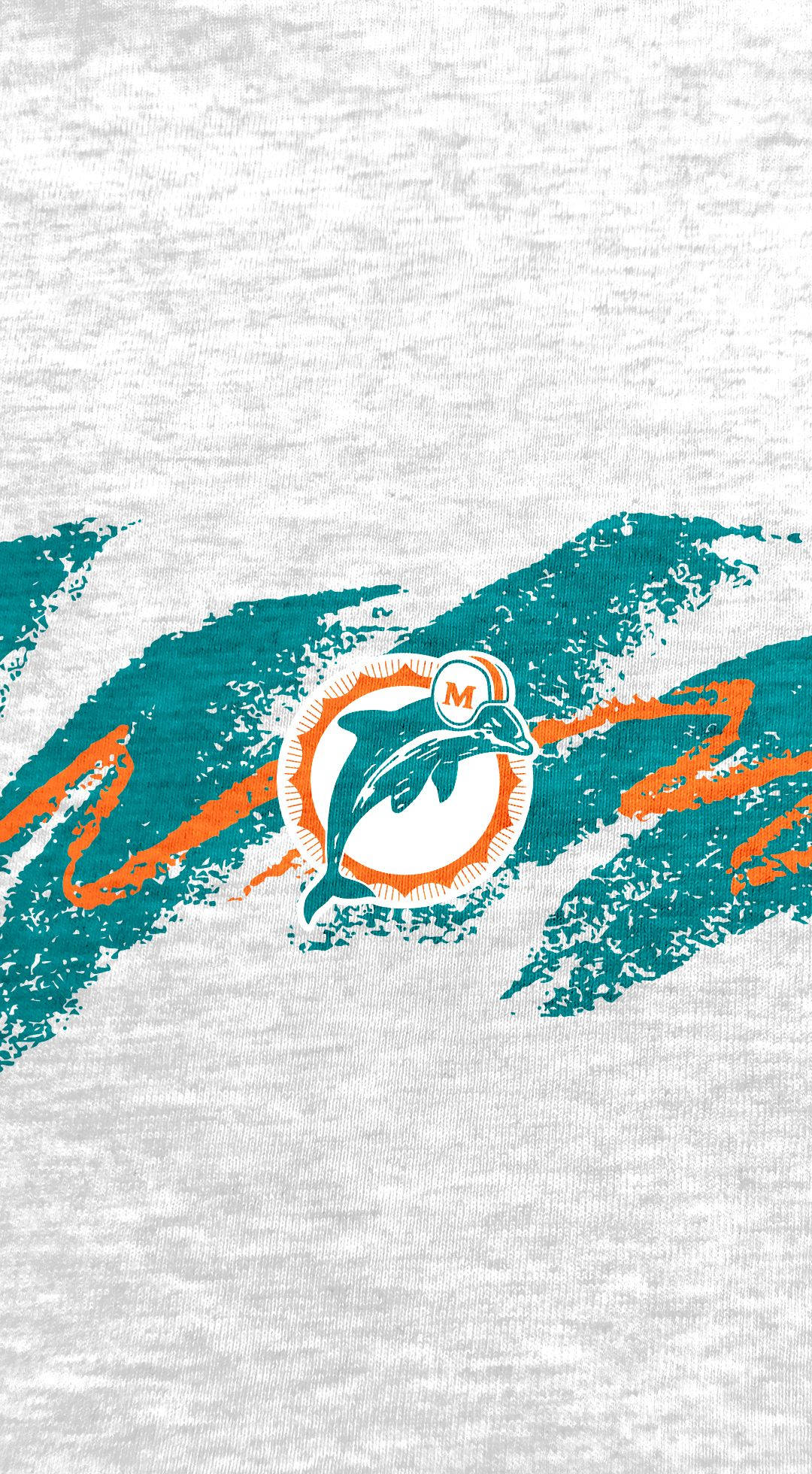 Miami Dolphins iPhone 桌布 壁紙 — 邁阿密海豚隊標誌居中於帶有質感的灰色布料上，搭配青綠色和橙色的筆觸點綴。
