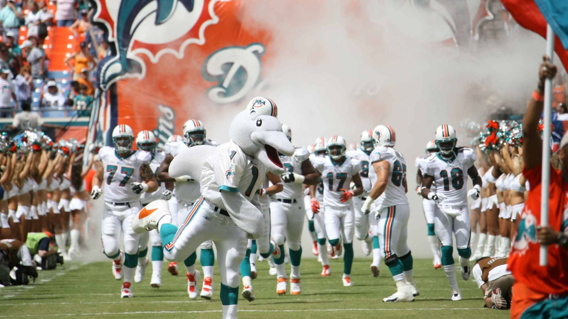 dolphins 桌布 壁紙 — 邁阿密海豚隊的吉祥物和身穿白色球衣的球員在日間足球比賽中穿過煙霧跑入球場。