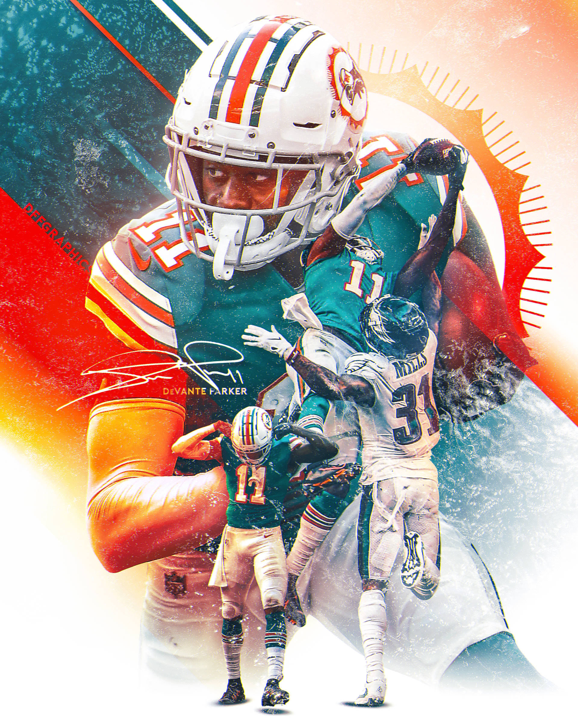 Miami Dolphins iPhone 桌布 壁紙 — 邁阿密海豚隊美式足球員動態拼貼，色彩大膽，帶有動態模糊效果。