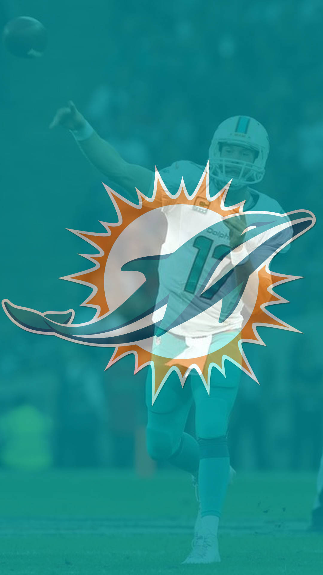 Miami Dolphins iPhone 桌布 壁紙 — 邁阿密海豚隊美式足球員在行動中，球隊標誌疊加在青綠色背景上。