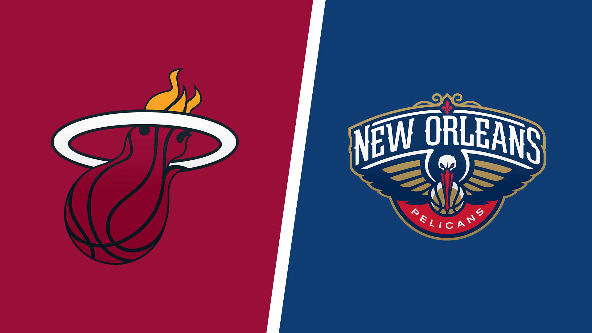 Heat 桌布 壁紙 — 邁阿密熱火和紐奧良鵜鶘NBA球隊標誌在紅色和藍色背景上垂直分割。