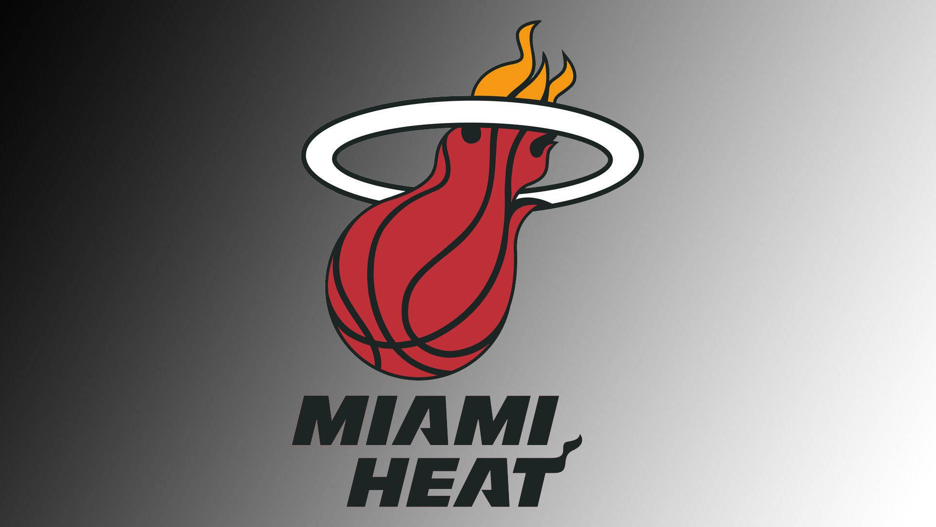 Heat 桌布 壁紙 — 邁阿密熱火標誌，以灰色漸變背景襯托一個帶有橙色火焰和白色籃框的紅色燃燒籃球。
