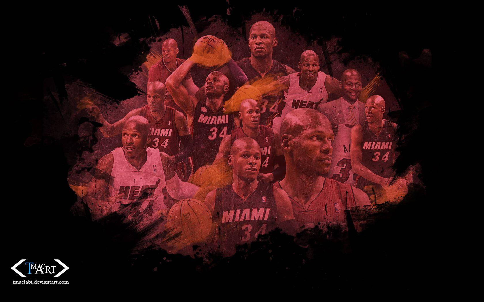 Ray Allen 桌布 壁紙 — 邁阿密熱火籃球運動員在深色紋理背景下以鮮明的紅色和黑色色調擺出動作姿勢的動態拼貼畫。