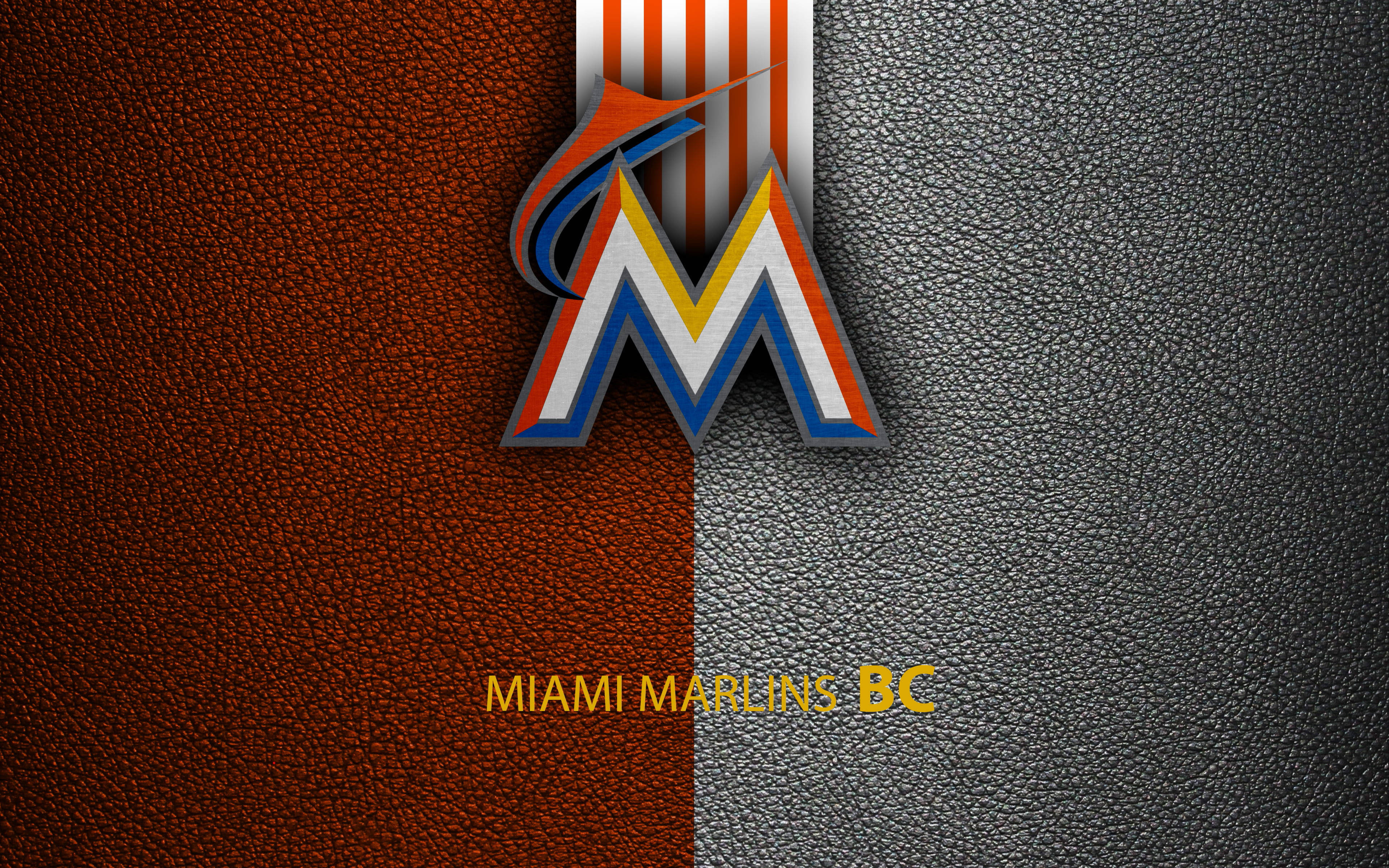 Marlins 桌布 壁紙 — 邁阿密馬林魚棒球標誌居中於棕色和灰色分區皮革背景上，下方有球隊名稱。