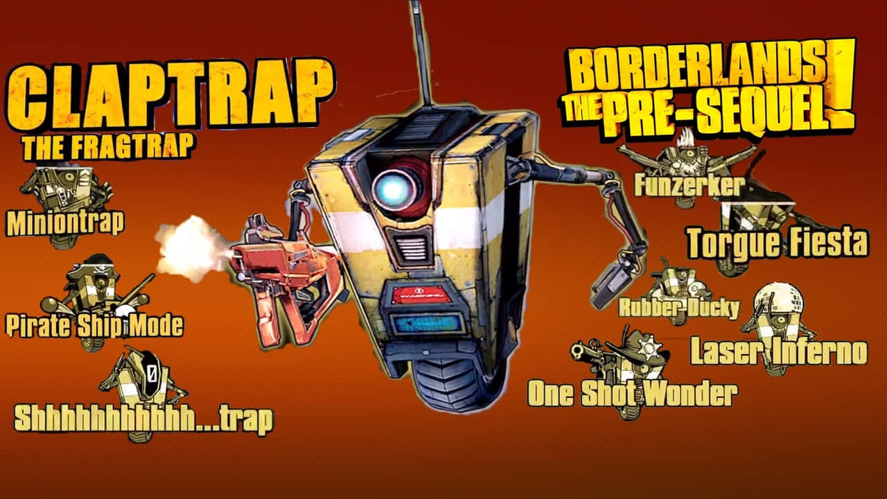 Game Art 桌布 壁紙 — 《邊緣禁地：前傳》的鮮明宣傳海報，展示 Claptrap 和其他古怪機器人角色，背景是火熱的橙色。