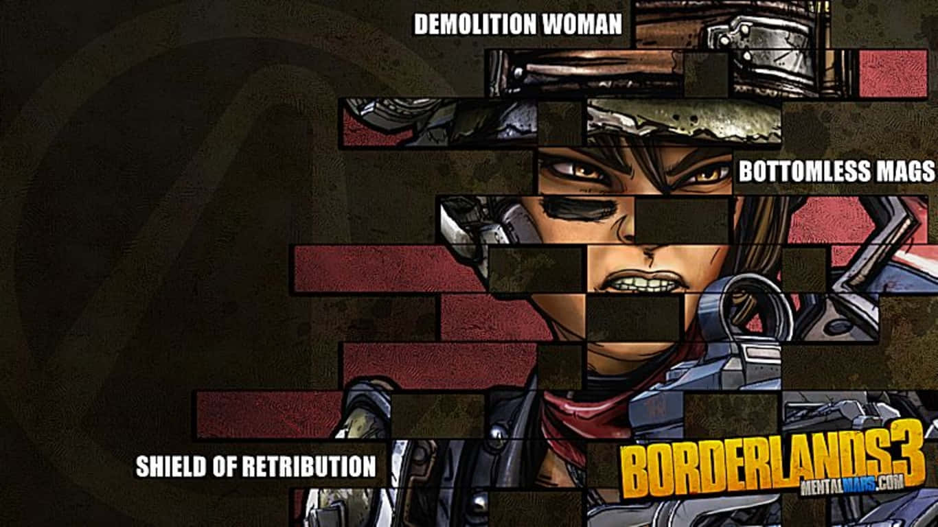 1366x768 Borderlands 3 桌布 壁紙 — 《邊緣禁地3》中一個兇猛女性角色的碎片化漫畫風格肖像，帶有粗體文字疊加。