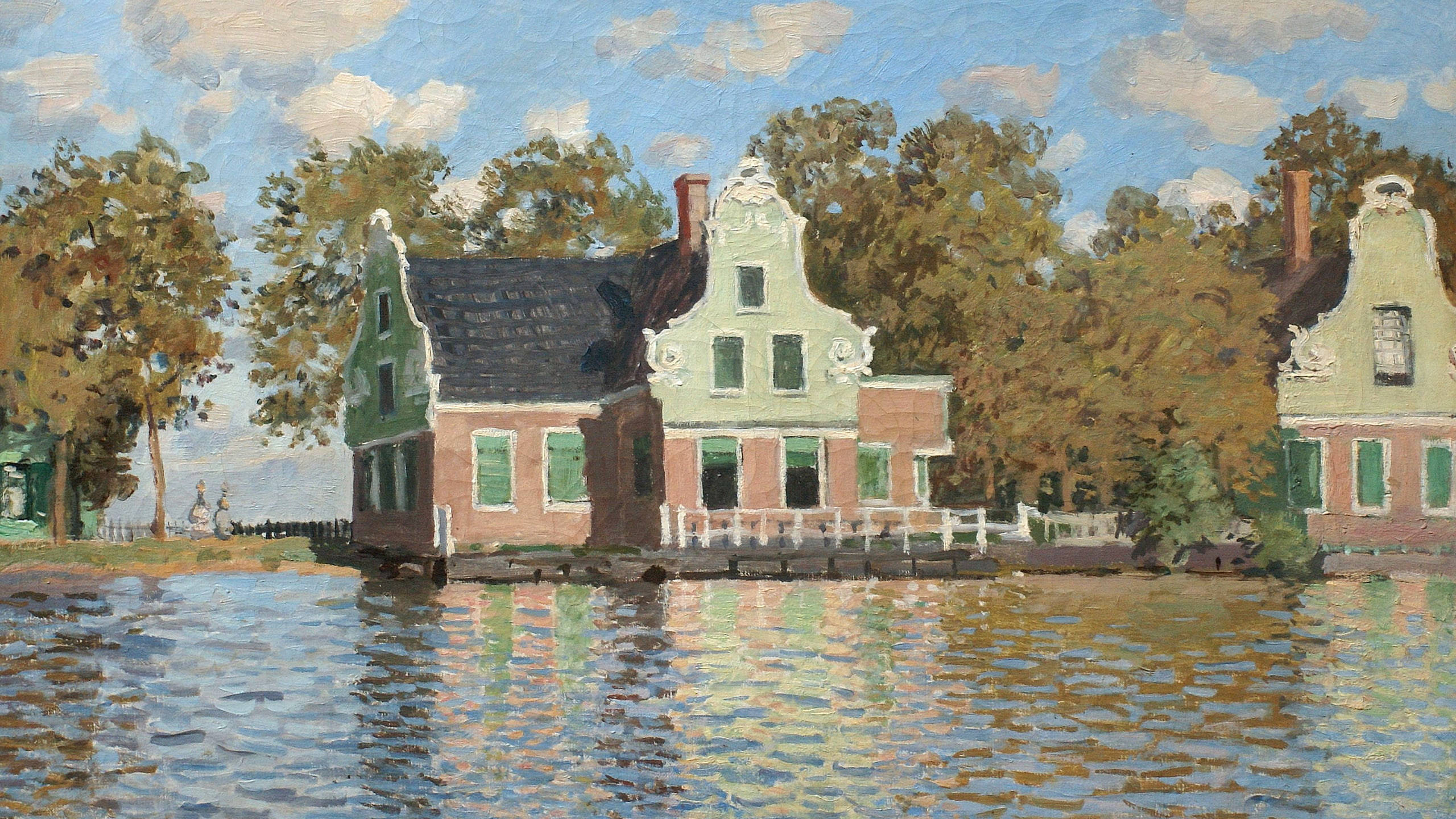 Monet 桌布 壁紙 — 部分多雲的天空下，傳統荷蘭運河房屋的油畫，綠色百葉窗倒映在漣漪的水面上。