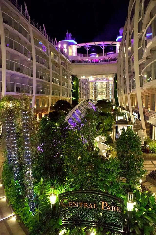 Carnival Vista 桌布 壁紙 — 郵輪中央公園的充滿活力的夜景，茂密的綠植在五彩燈光下閃耀。
