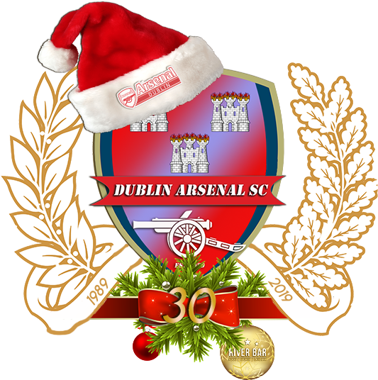 Santa Hat 桌布 壁紙 — 都柏林兵工廠體育會的節日徽章，配有聖誕帽大炮和月桂花環，慶祝1989年至2018年的30週年。