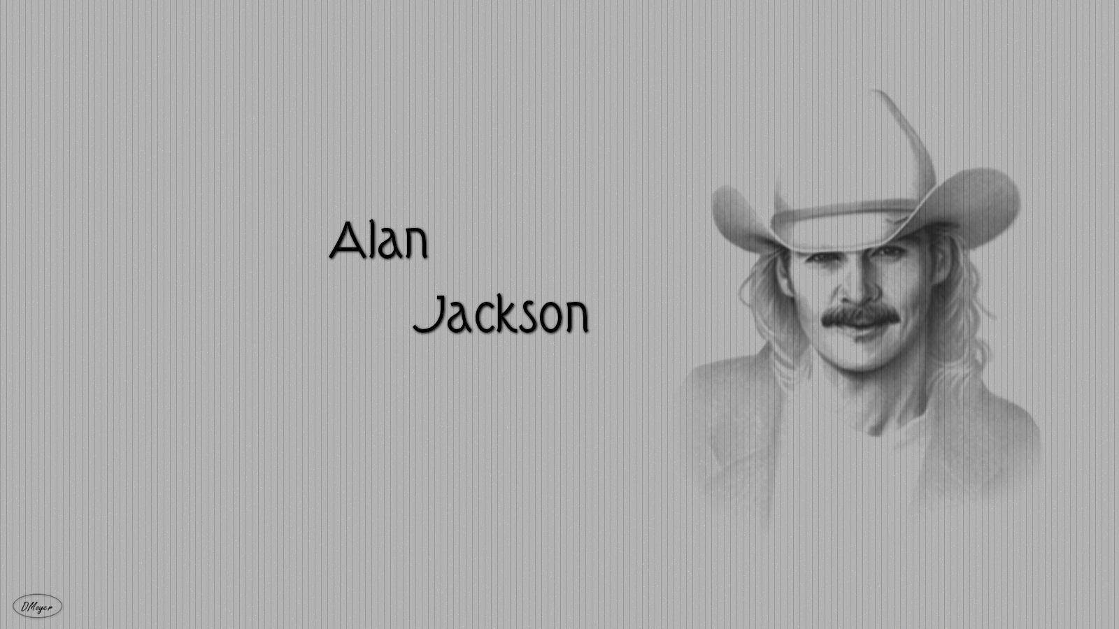 Alan Jackson 桌布 壁紙 — 鄉村歌手Alan Jackson戴著牛仔帽的灰階鉛筆素描肖像，旁邊有他的名字文字。