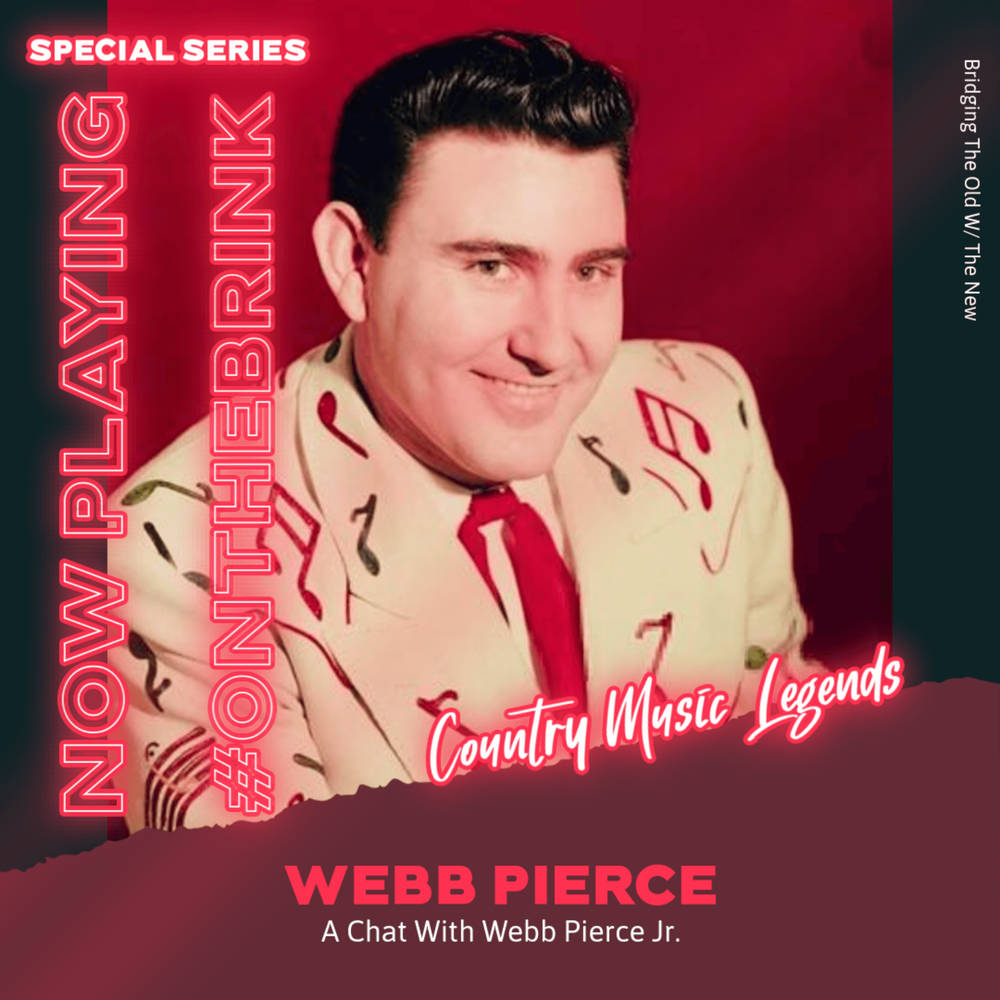 音樂 桌布 壁紙 — 鄉村音樂傳奇人物韋伯·皮爾斯（Webb Pierce）的復古肖像，身穿圖案西裝，在鮮紅色背景上微笑，帶有霓虹文字疊加。