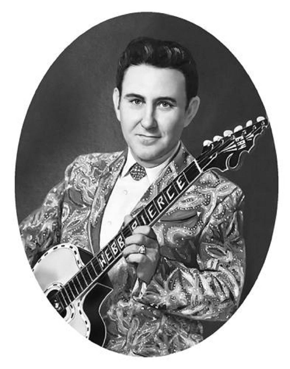 音樂 桌布 壁紙 — 鄉村音樂傳奇人物韋伯·皮爾斯（Webb Pierce）的復古黑白肖像，他手持標誌性吉他，置於橢圓形工作室相框中。