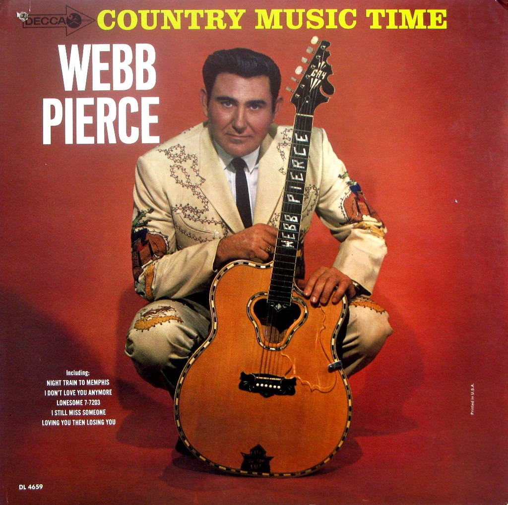 音樂 桌布 壁紙 — 鄉村音樂家 Webb Pierce 在專輯封面上，跪著拿著吉他，背景是鮮明的紅色。