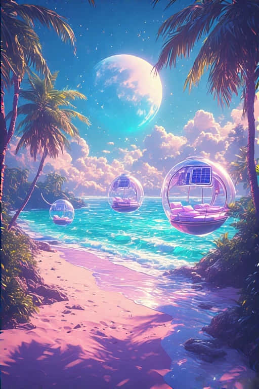 Realistic Summer Mountain Meadow 壁紙 — 配備太陽能板的漂浮泡泡艙在巨型發光月亮下，於粉紅沙灘旁的碧綠海水上漂流。