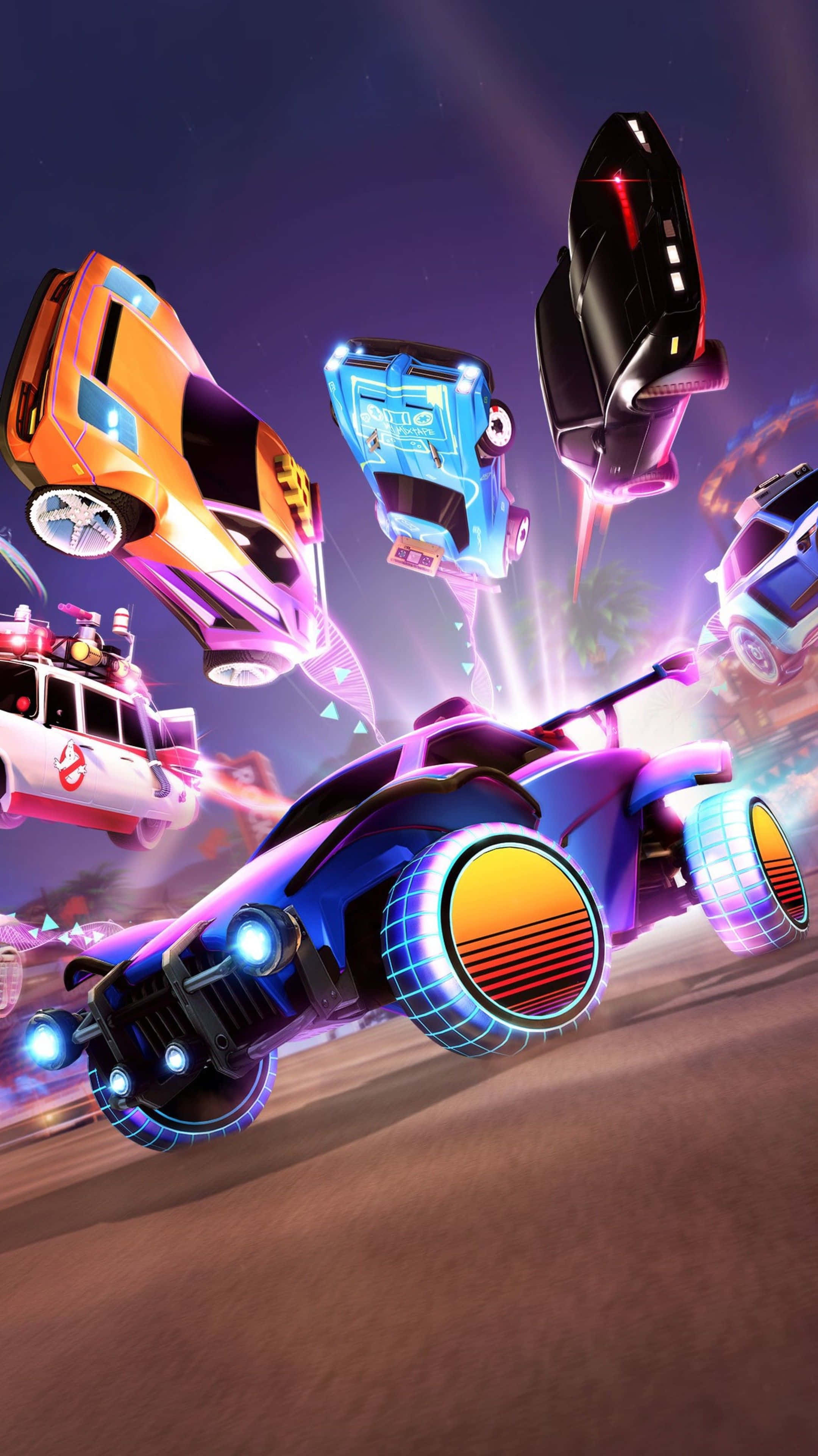 Best Rocket League 桌布 壁紙 — 配備發光霓虹輪胎和懸浮引擎的未來賽車，在沙漠景觀上方的充滿活力的夜空中奔馳。