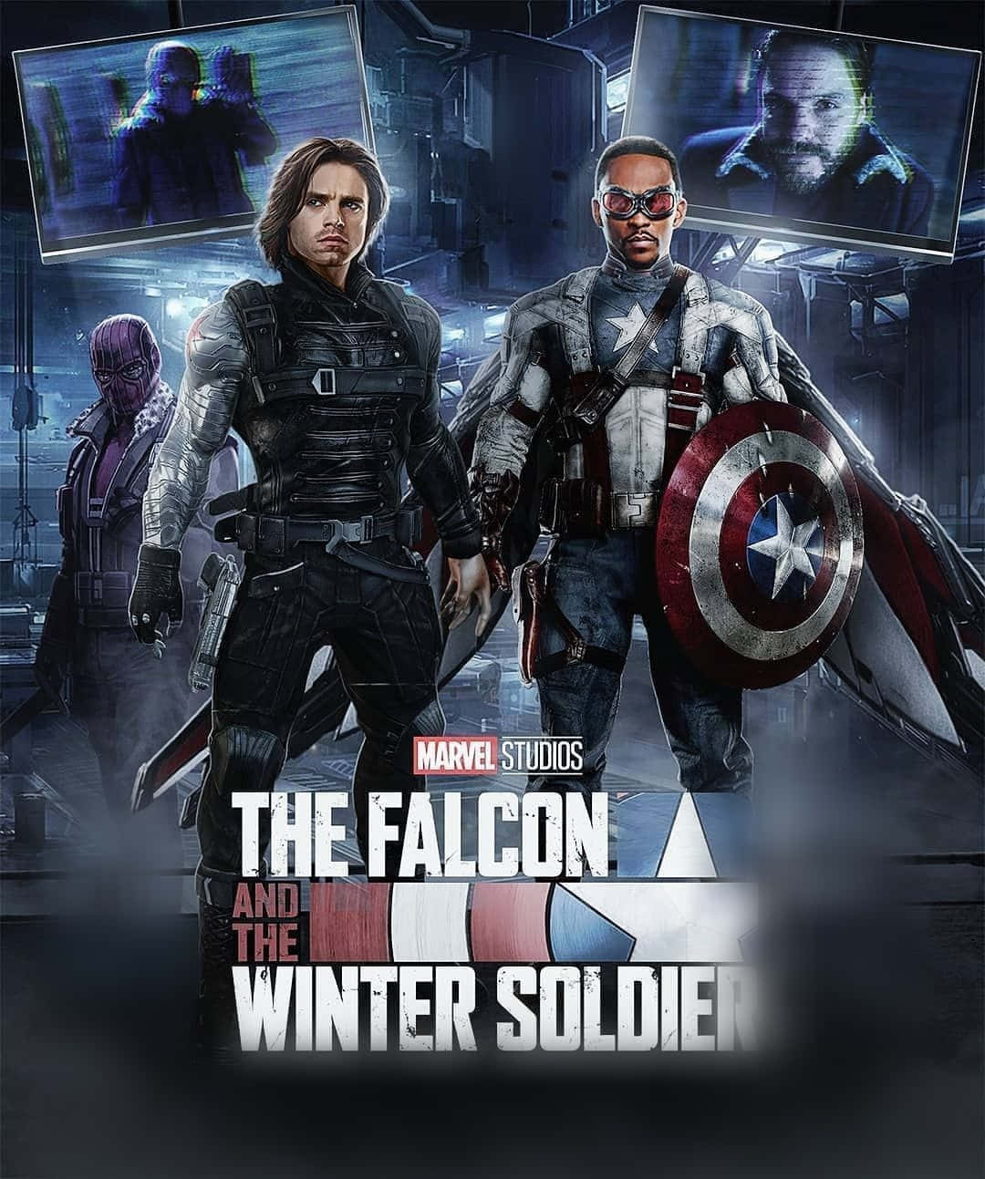 the falcon and the winter soldier 桌布 壁紙 — 酷寒戰士和獵鷹在一個高科技指揮中心準備就緒，螢幕顯示他們身後的敵人。