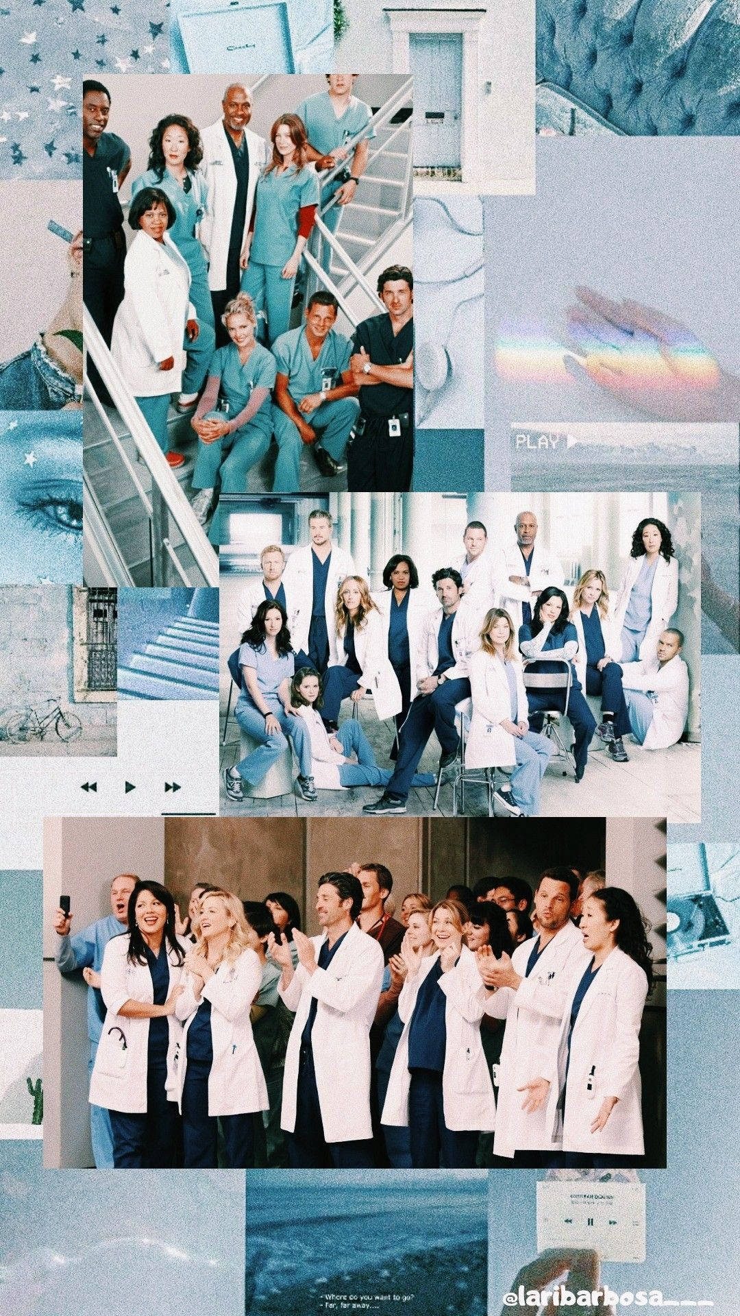anatomy 桌布 壁紙 — 醫療劇演員照片拼貼，穿著手術服和實驗室外套，帶有藍色覆蓋層和膠片條元素。