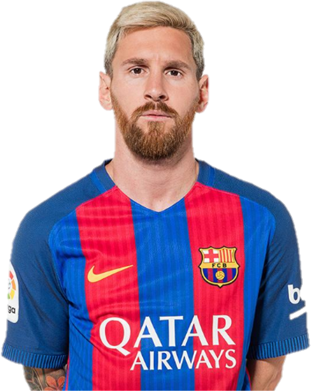 Football Player 桌布 壁紙 — 里奧內爾·梅西身穿藍紅條紋的巴塞隆納球衣，印有卡達航空贊助的肖像。