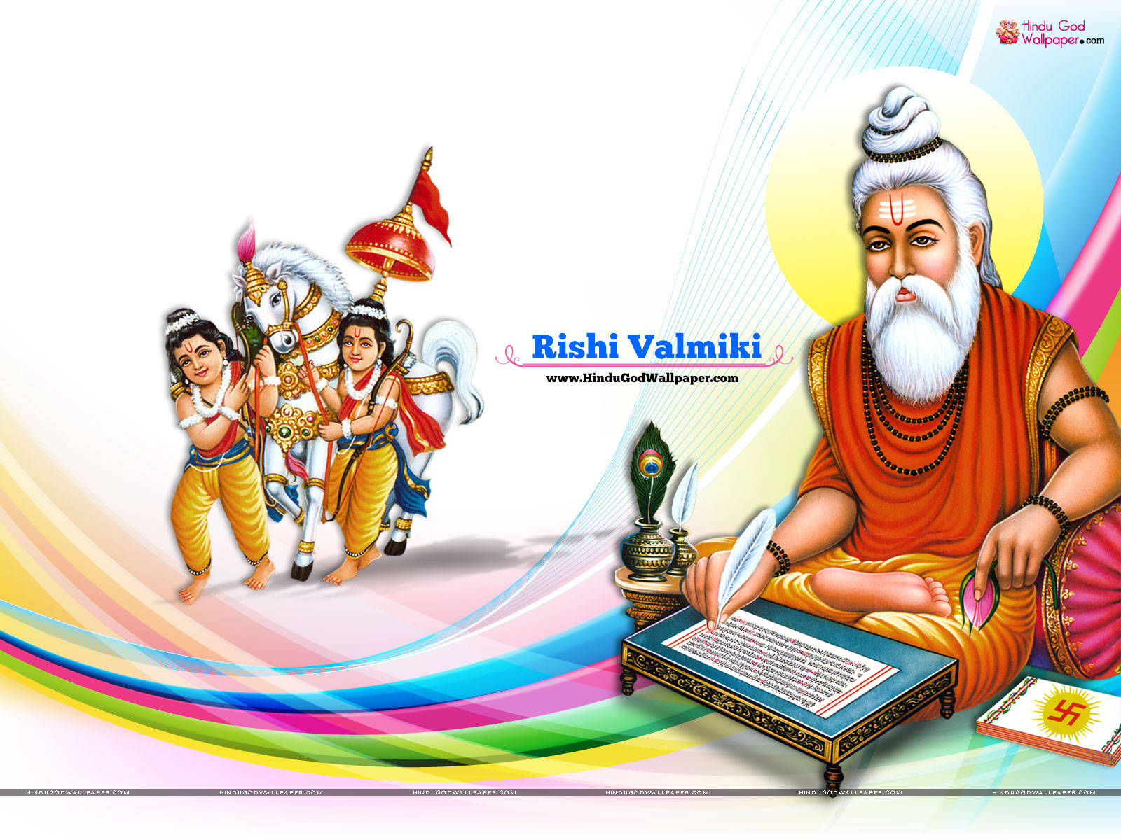 guru nanak dev ji 桌布 壁紙 — 里希·瓦爾米基坐著撰寫《羅摩衍那》，而羅摩勛爵和拉克什曼納騎著一匹裝飾華麗的馬，背景是充滿活力的彩虹漩渦。