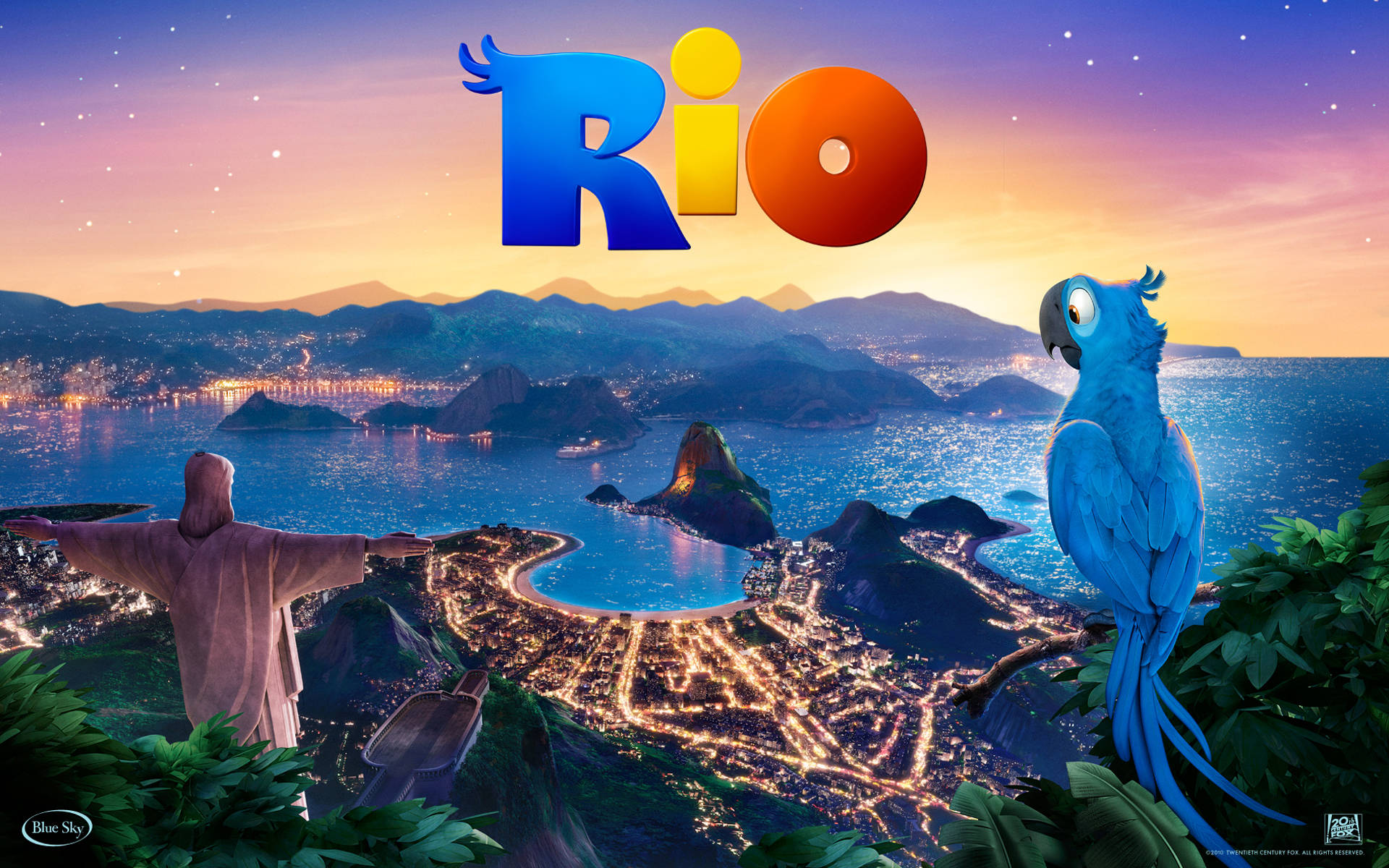 rio 桌布 壁紙 — 里約熱內盧充滿活力的動畫日落，前景有基督救世主雕像和一隻藍色金剛鸚鵡棲息。