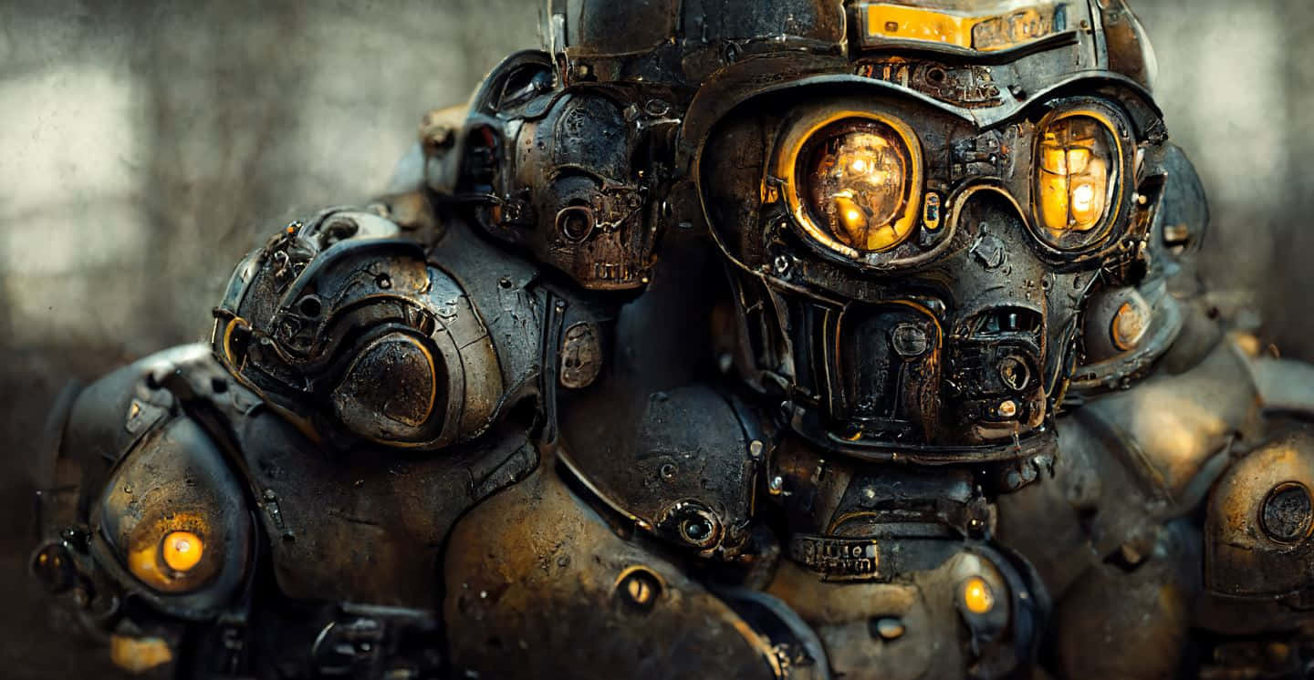 Fallout 4 Power Armor 桌布 壁紙 — 重型裝甲機器人的特寫，帶有發光的琥珀色眼睛和風化的金屬板。