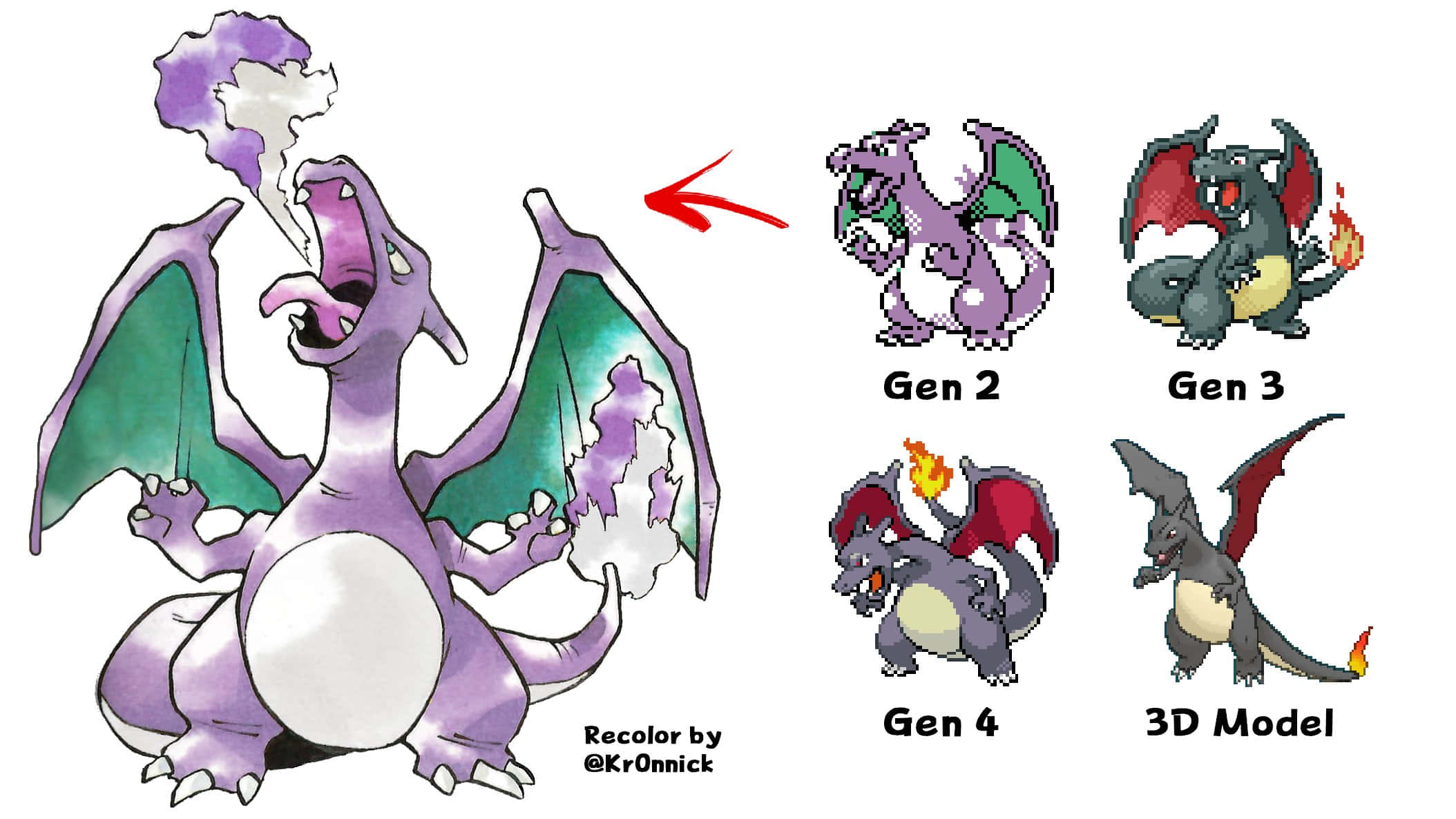 Charizard Pokemon 桌布 壁紙 — 重新上色的噴火龍插圖，與其像素化的第二世代、第四世代和3D模型版本進行比較。
