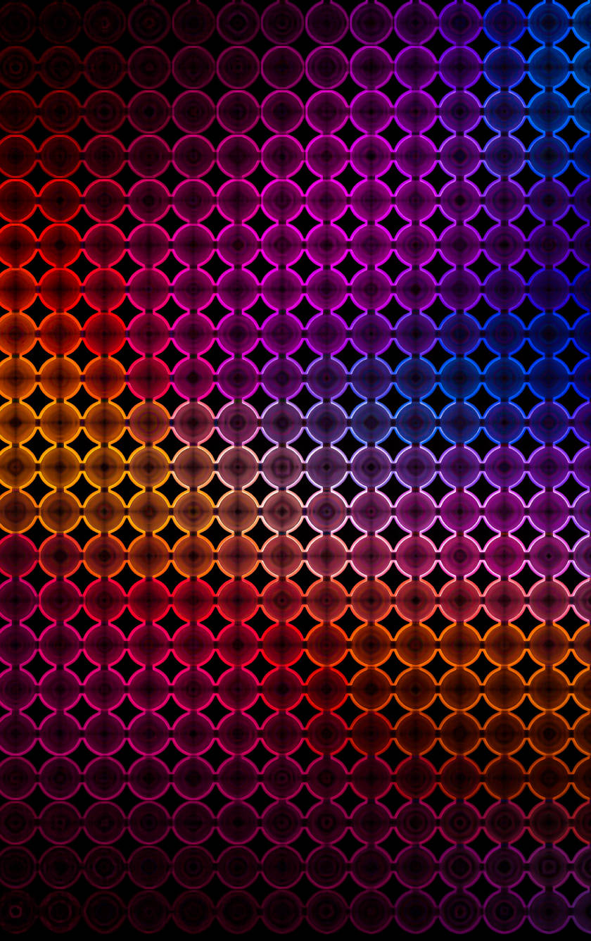Shapes 桌布 壁紙 — 重疊圓圈的鮮豔漸變，從火橙色過渡到深紫色和電光藍色，背景為黑色。