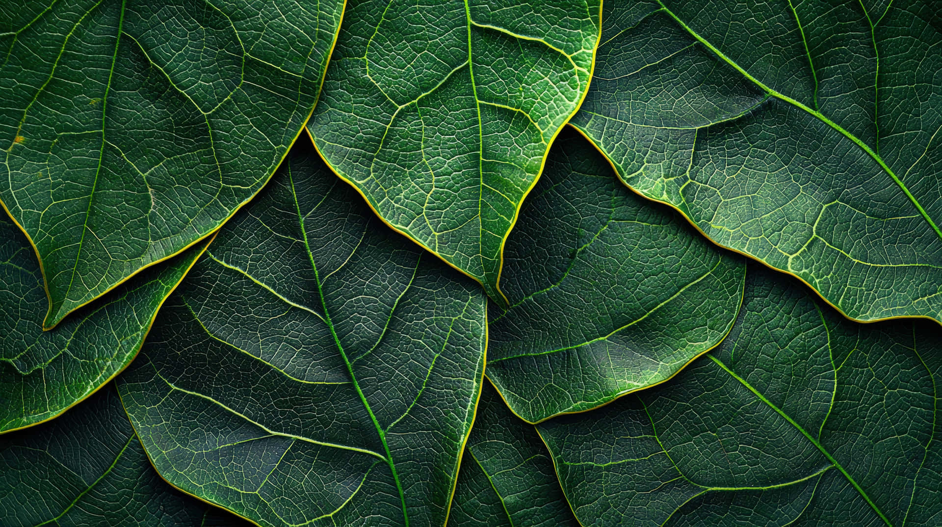 Overlapping deep green leaves with detailed veins 壁紙 — 重疊深綠色葉片的特寫，帶有鮮黃色葉脈和複雜的表面紋理。