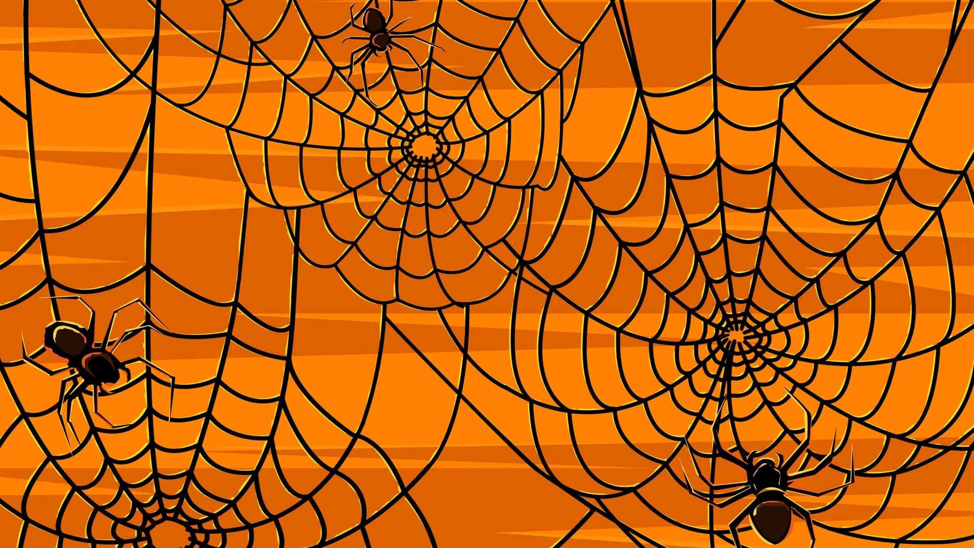 Funny Halloween 桌布 壁紙 — 重疊的黑色蜘蛛網和蜘蛛在充滿活力的橙色漸變背景上延伸。