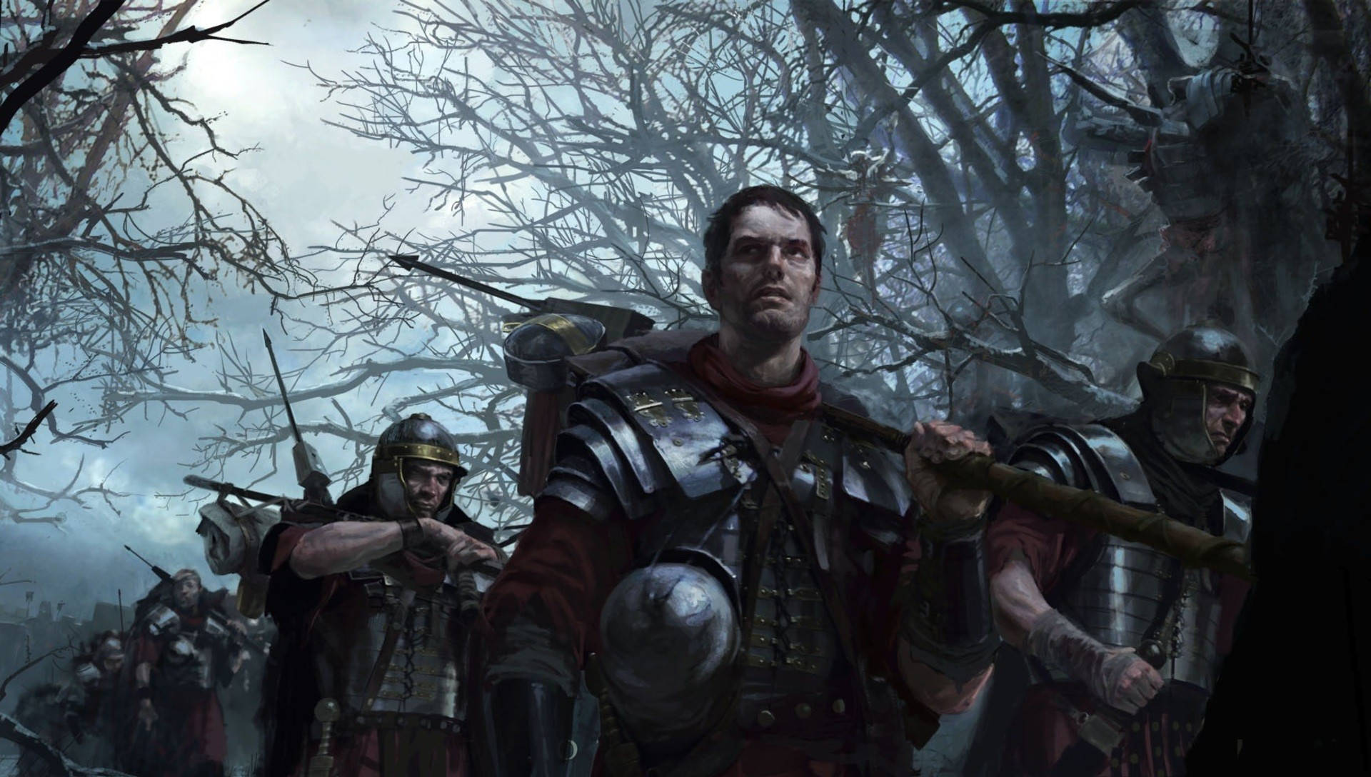 rome 2 桌布 壁紙 — 重裝羅馬軍團兵在灰暗天空下，穿過陰沉的冬季森林行進。