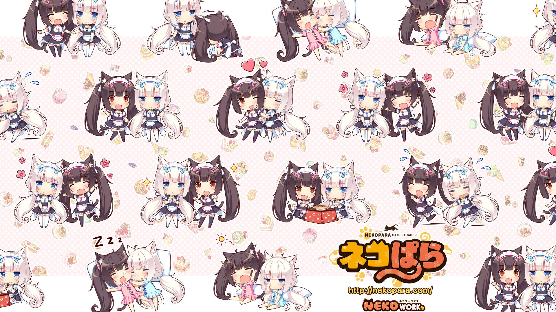 Nekopara 桌布 壁紙 — 重複出現的貓耳女僕裝可愛Q版動漫少女，背景為粉彩圓點圖案。