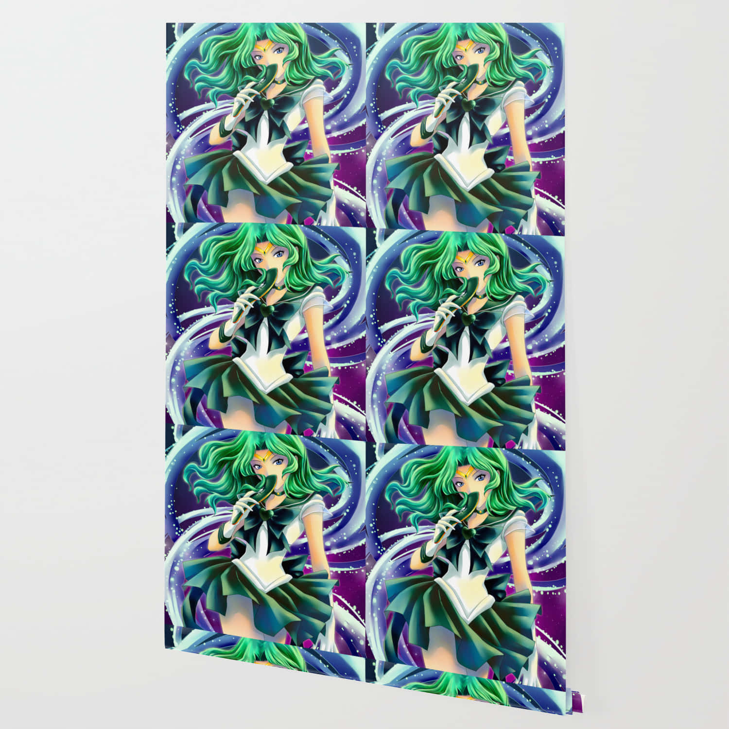 sailor neptune 桌布 壁紙 — 重複動漫風格壁紙，以綠色頭髮的女孩穿著水手服，背景是旋轉的宇宙。