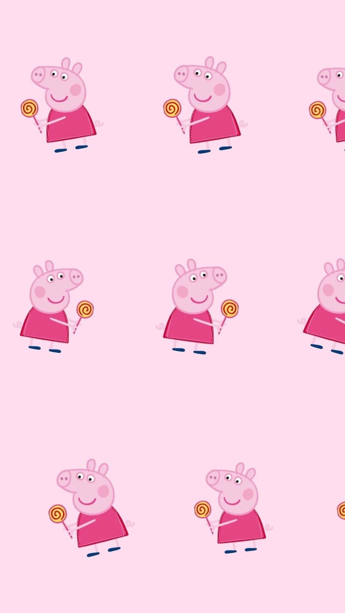Peppa 桌布 壁紙 — 重複圖案：Peppa Pig 拿著棒棒糖，背景為柔和粉紅色。