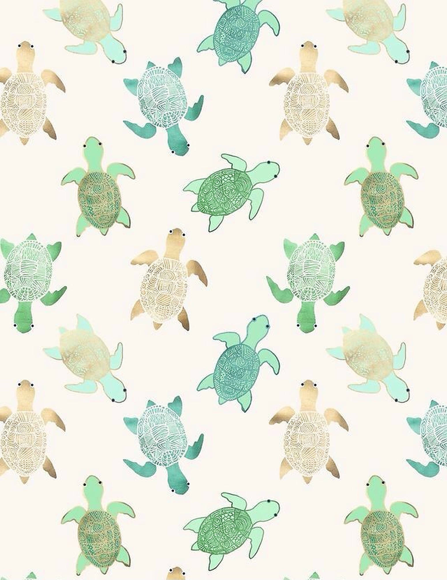 Turtle 桌布 壁紙 — 重複圖案，以柔和綠色和奶油色調的風格化海龜為特色，帶有複雜的龜殼設計，背景為淺色。