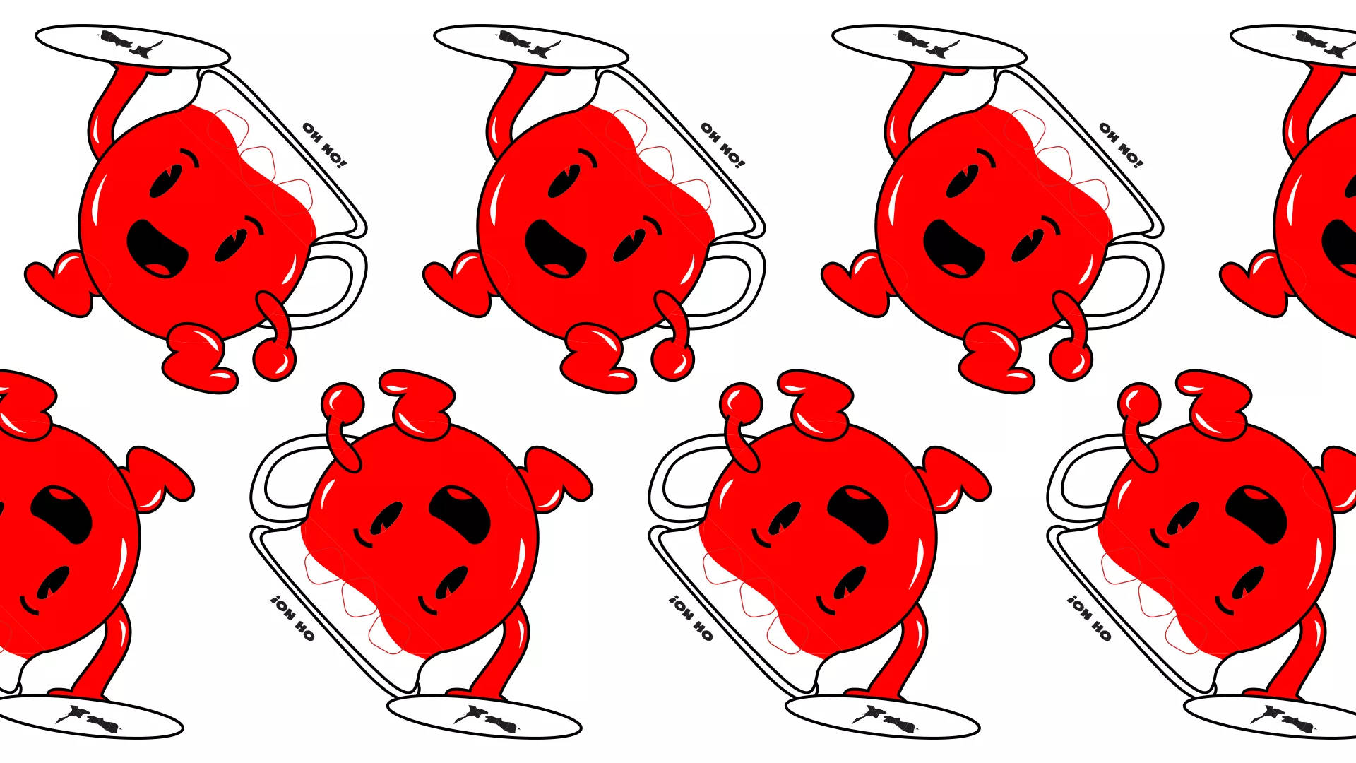 Kool Aid 小幫手 桌布 壁紙 — 重複圖案，以粗體極簡風格呈現快樂的紅色卡通角色手持帶有文字的盤子。