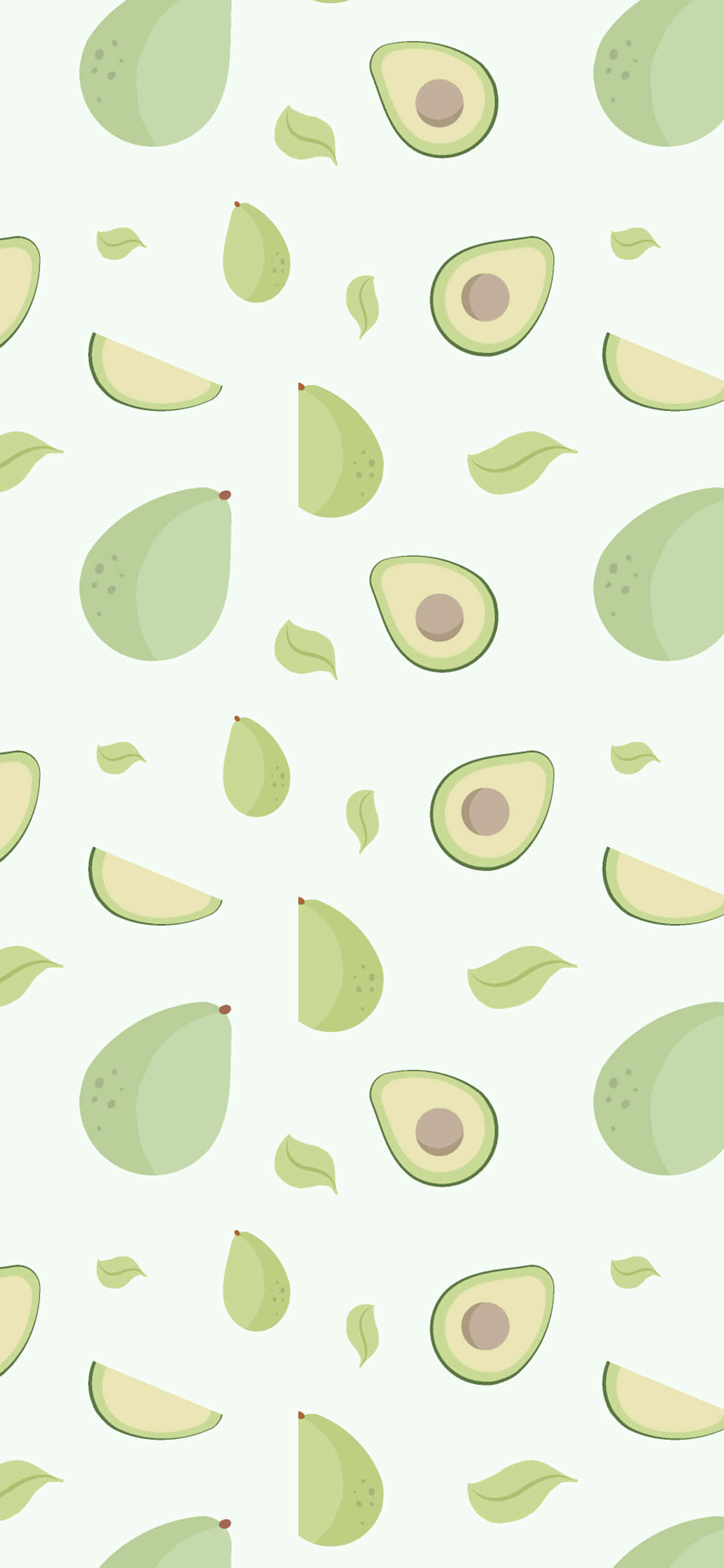 Avocado iPhone 桌布 壁紙 — 重複圖案，包含完整和切片酪梨，配以葉子，背景為淡綠色。