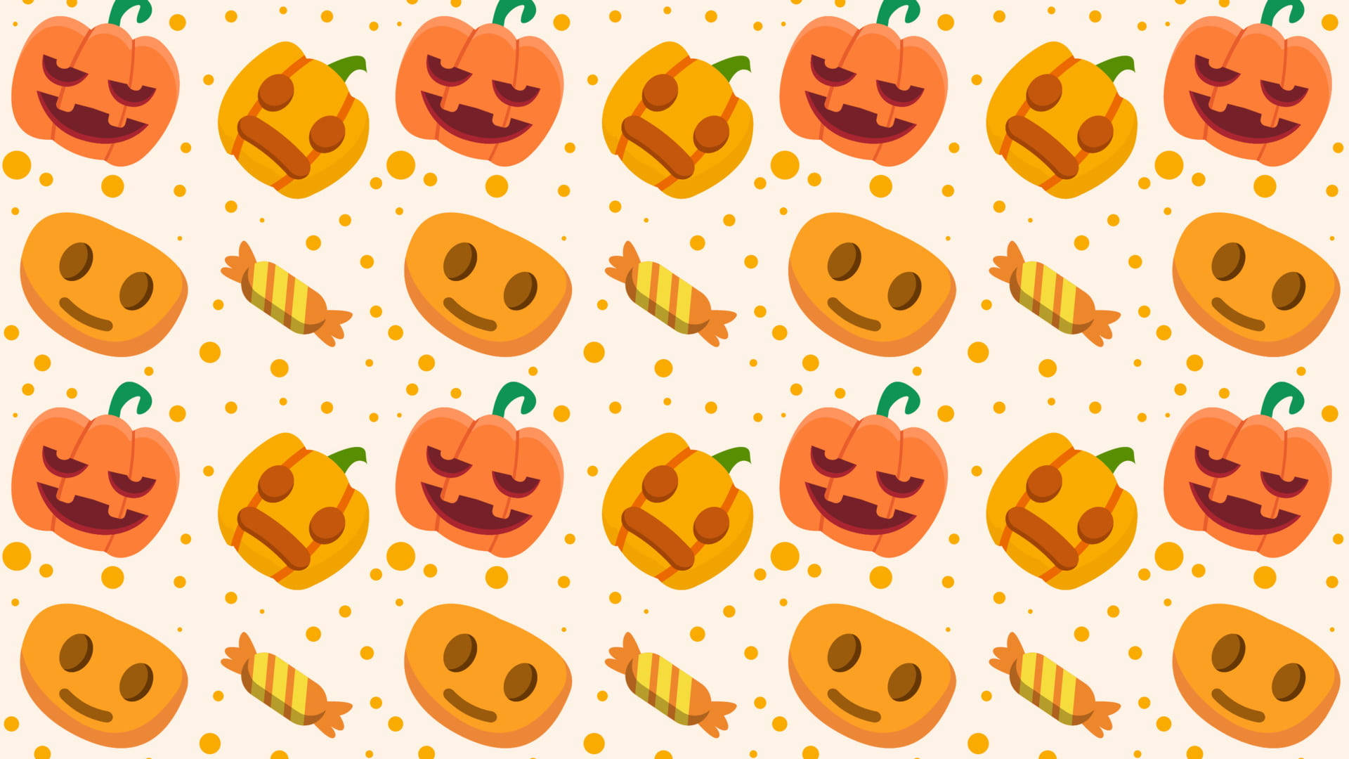 Cute Halloween Desktop 桌布 壁紙 — 重複圖案，包括微笑和咧嘴笑的傑克南瓜燈，以及糖果玉米，背景為圓點。