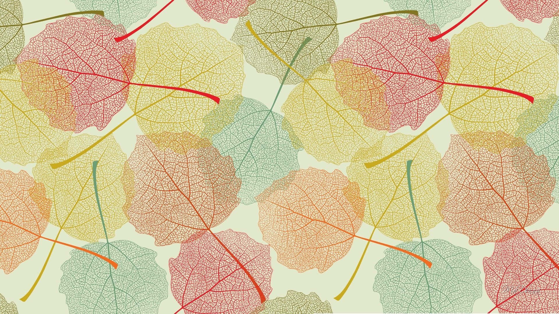 Autumn Leaves 桌布 壁紙 — 重複圖案，半透明秋葉，柔和紅、黃、綠色，葉脈清晰，淺色背景。