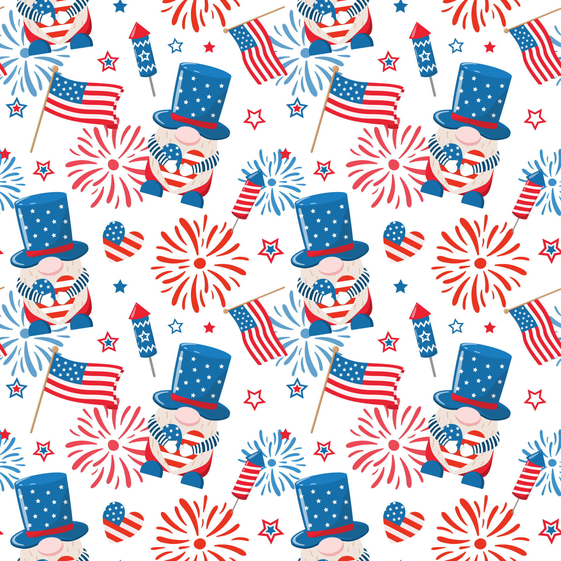 Cute 4th Of July 桌布 壁紙 — 重複圖案，卡通地精戴著愛國帽子，手持旗幟和煙火，背景為白色。