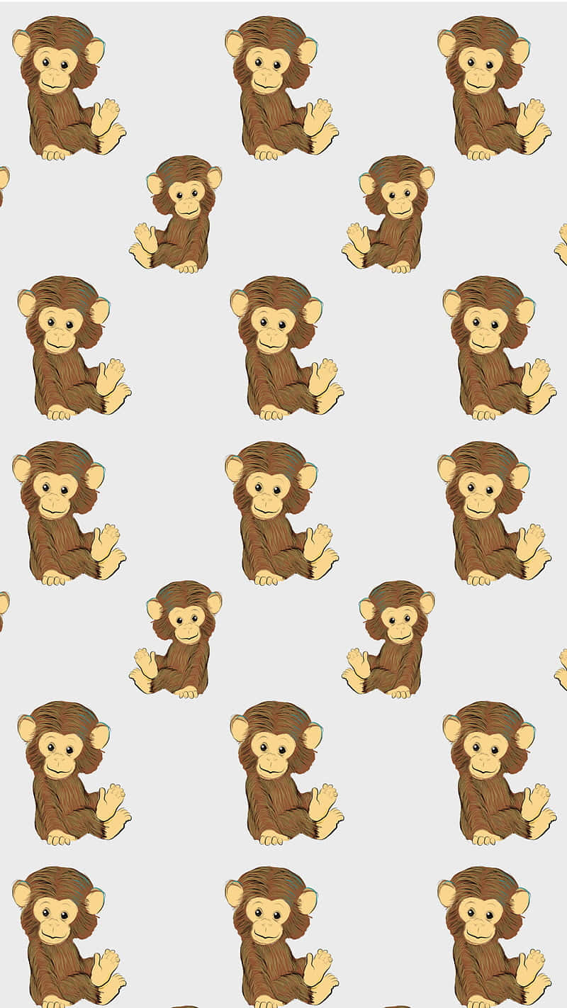 Monkey iPhone 桌布 壁紙 — 重複圖案，卡通猴子揮手，棕色毛髮，淺灰色背景。