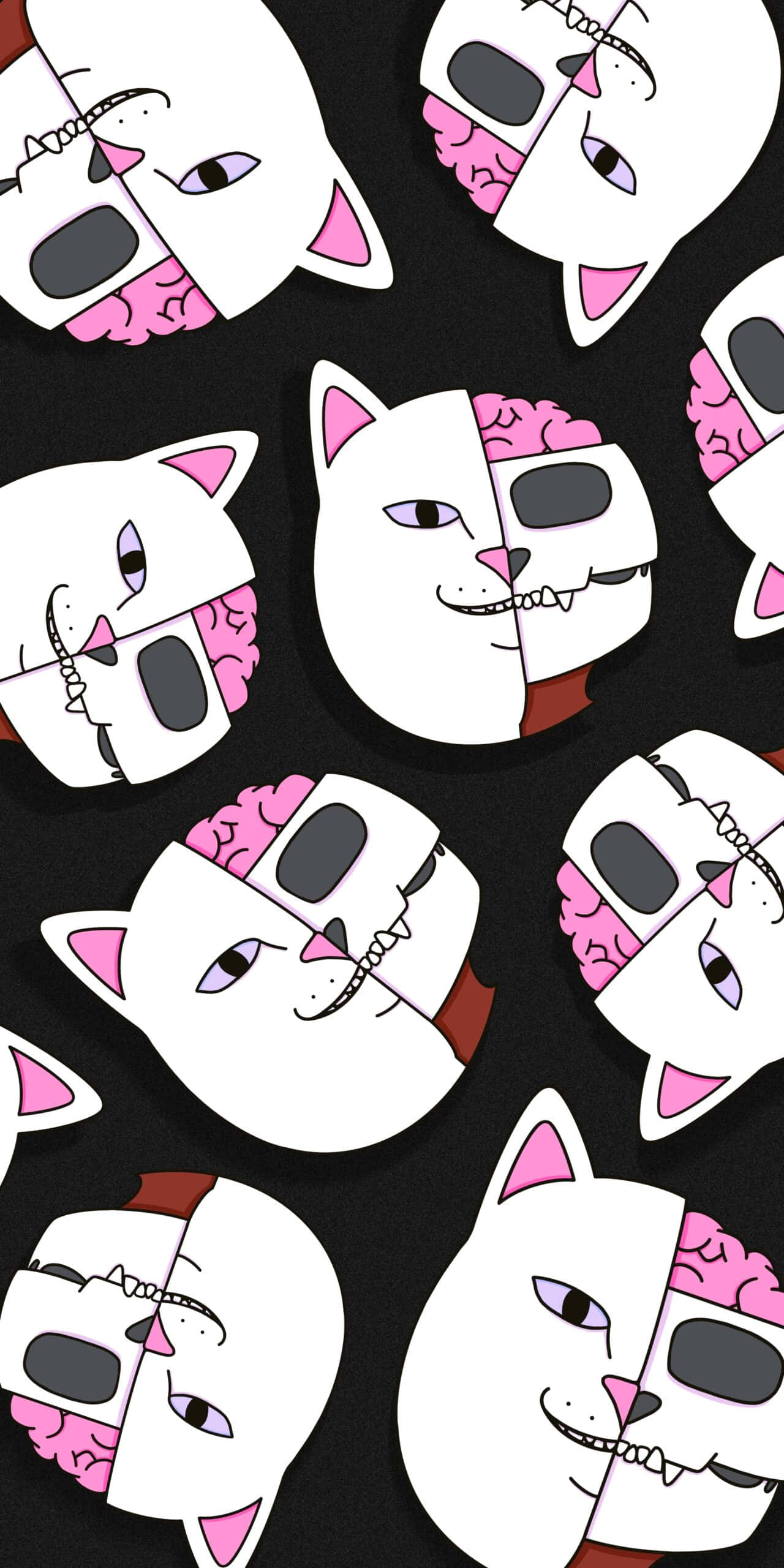 ripndip 桌布 壁紙 — 重複圖案，卡通貓頭從中間分開，一半可愛一半大腦，黑色背景。