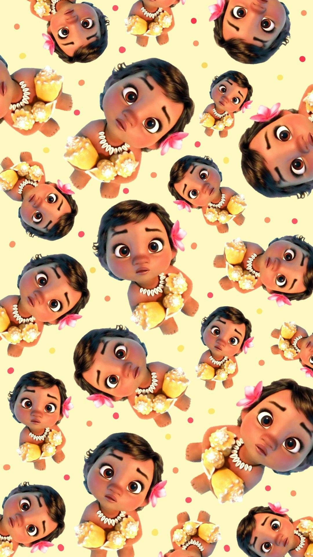 Baby Moana 桌布 壁紙 — 重複圖案：嬰兒莫阿娜戴著珍珠項鍊，手持黃色花朵，背景為淺黃色，帶有粉紅色和橙色圓點。
