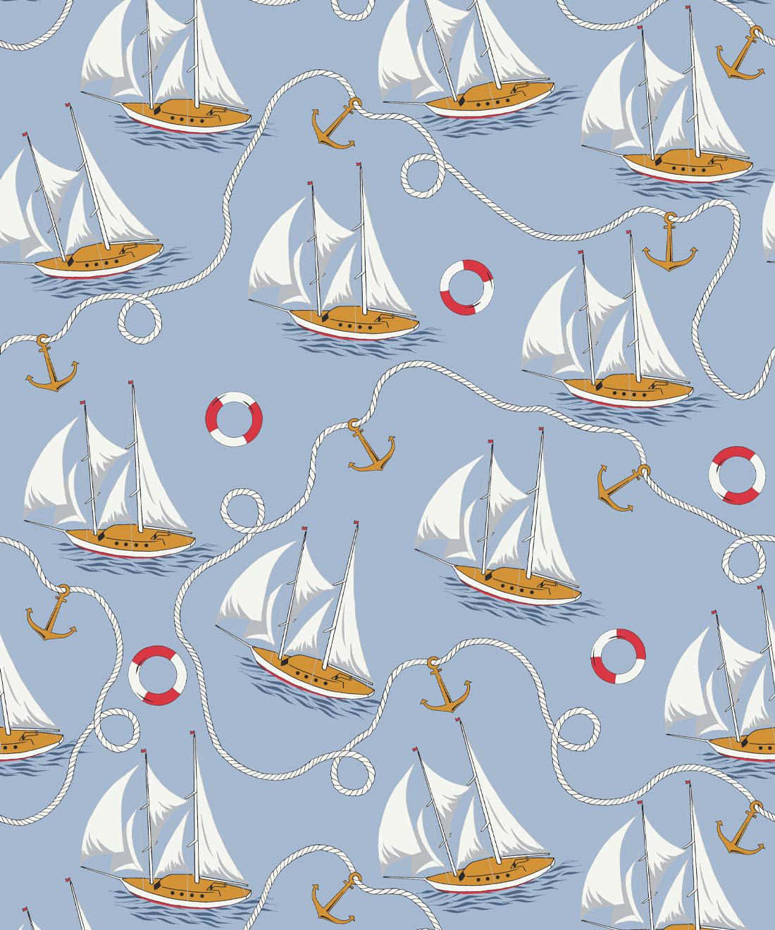 Nautical 桌布 壁紙 — 重複圖案，復古帆船，白色帆布和木製船體，在淺藍色水面上漂流，錨和救生圈纏繞在粗繩中。