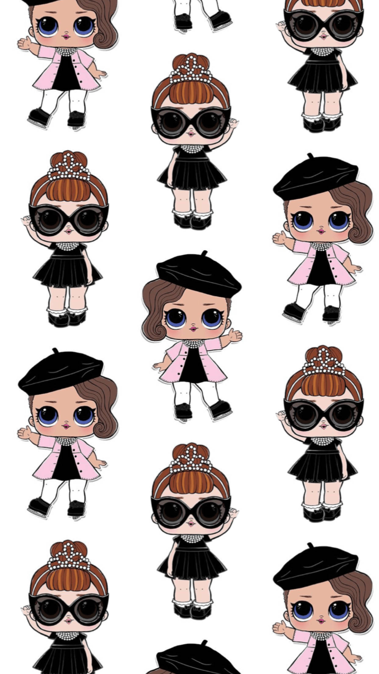 LOL Surprise 桌布 壁紙 — 重複圖案，描繪風格化的卡通女孩，身穿粉紅色外套、黑色裙子、貝雷帽，戴著超大太陽眼鏡。