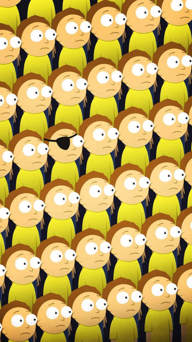 Evil Morty 桌布 壁紙 — 重複圖案，由相同卡通角色組成，身穿黃色襯衫，其中一個戴著黑色眼罩，格外突出。