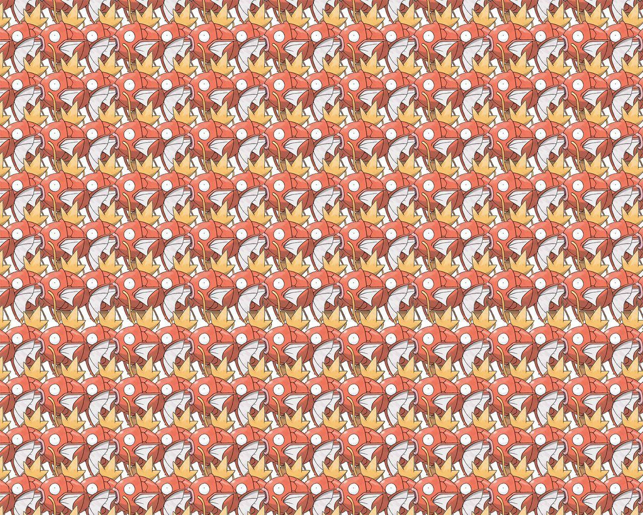 Magikarp 桌布 壁紙 — 重複圖案，由風格化的紅色和金色皇冠組成，中心為白色，以對角線排列。