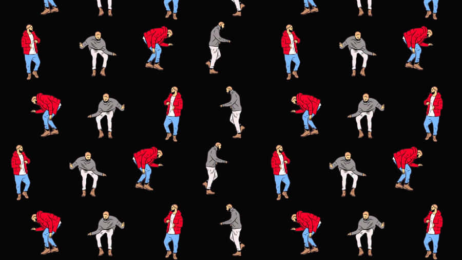Aesthetic Drake 桌布 壁紙 — 重複圖案，穿著紅色和灰色外套的風格化男性在黑色背景上跳舞。