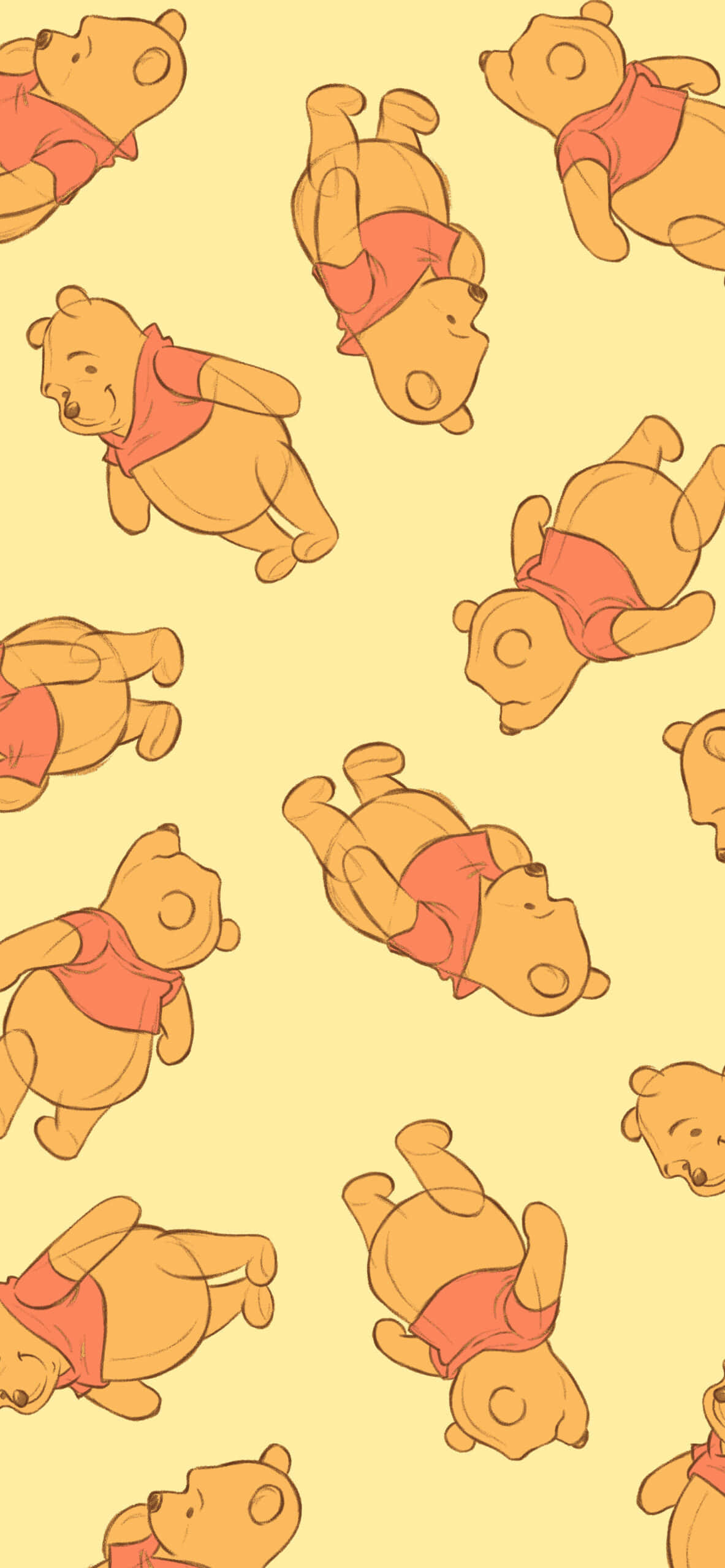 Winnie The Pooh Aesthetic 桌布 壁紙 — 重複圖案：穿著紅色襯衫、快樂的小熊維尼在淡黃色背景上漂浮。