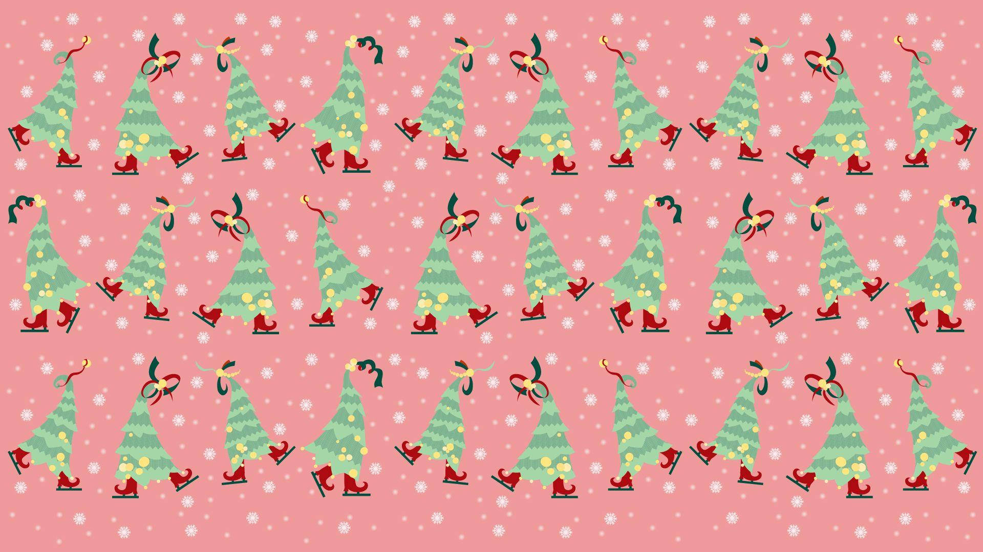 christmas laptop 桌布 壁紙 — 重複圖案，綠色聖誕樹搭配紅色靴子和蝴蝶結在粉紅色雪塵背景上溜冰。