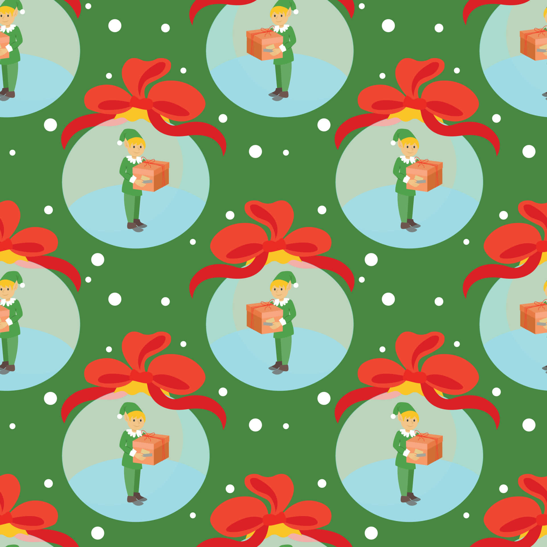 Christmas Elf 桌布 壁紙 — 重複圖案，綠色背景上，雪球泡泡內有快樂的小精靈拿著禮物，並有紅色蝴蝶結。
